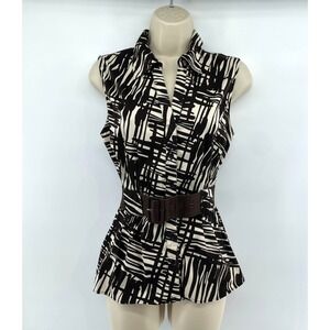 Apt. 9 Shirt Women L Sleeveless Abstract Belted Safari Brown Cream Button Retro